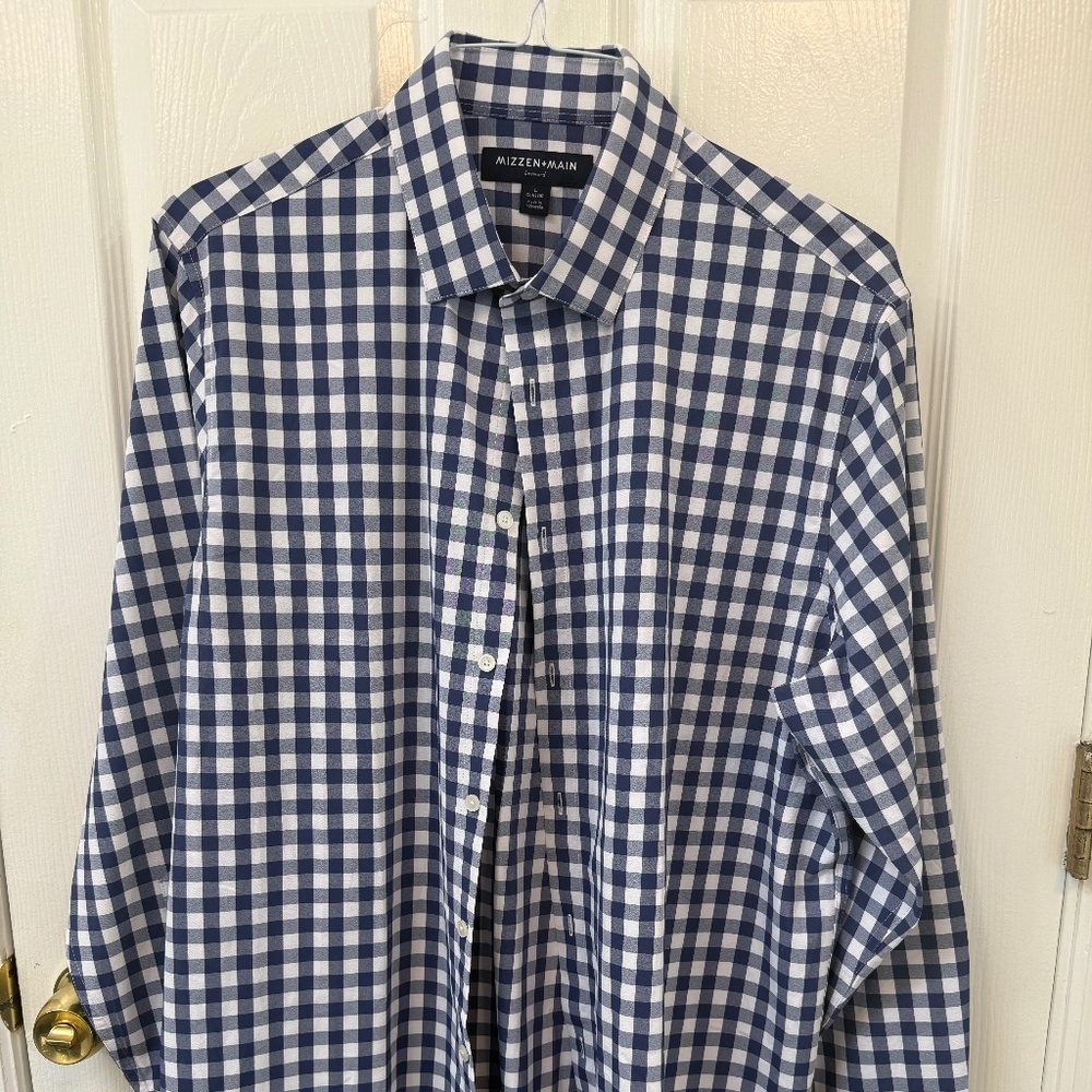 Mizzen+Main Leeward Performance Dress Shirt –Navy Gingham – Mens L (Classic Fit)